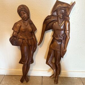 Mid Century Wooden Carved Wall Art Decor Pair 27” Tall